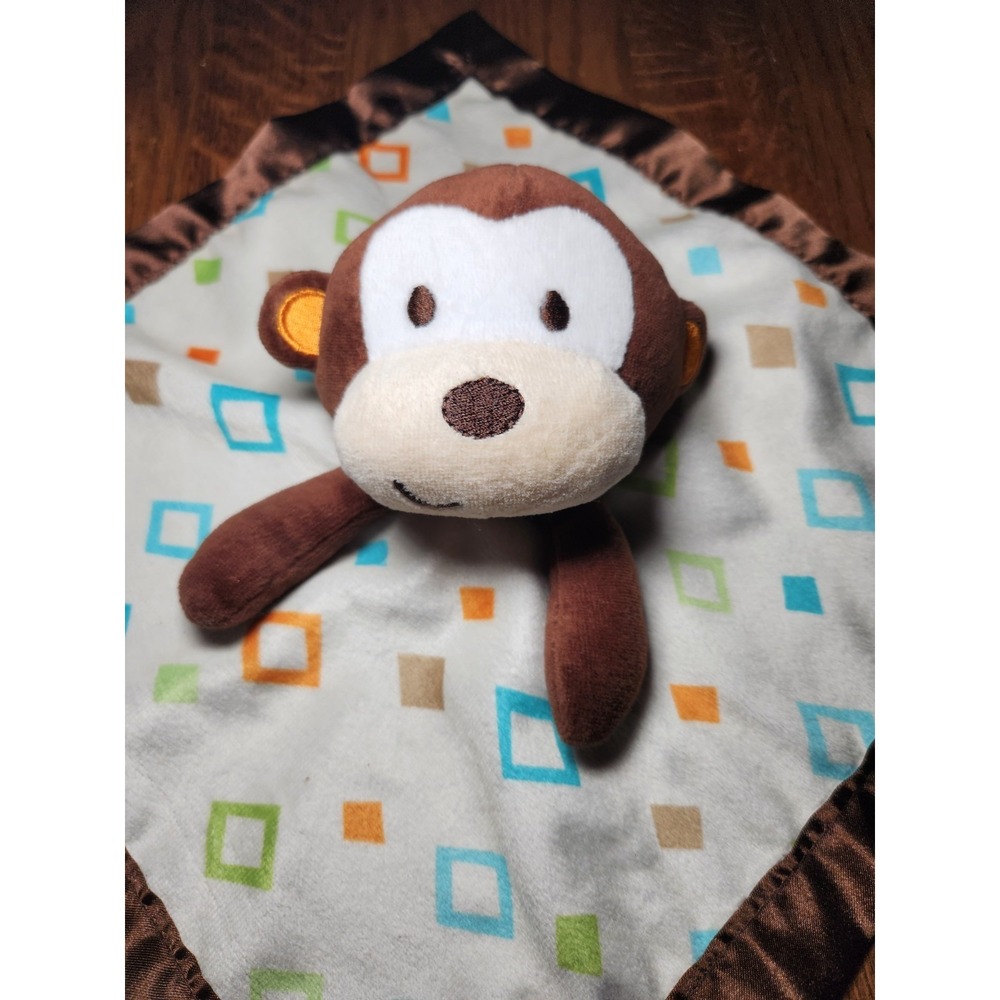 Garanimals Monkey Diamond Print Baby Blanket Cream Brown Orange Aqua Satin Lovey
